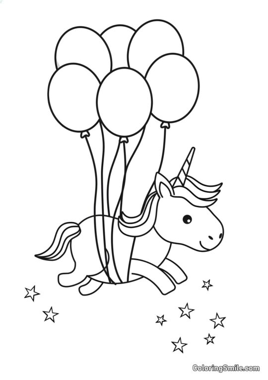Unicornio volando en globos de aire - Página para Colorear