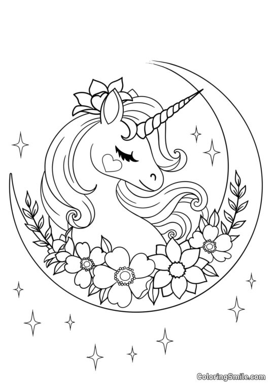 Unicornio y luna creciente - Página para Colorear