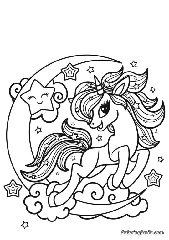 Unicornio brillante en la luna - Página para Colorear