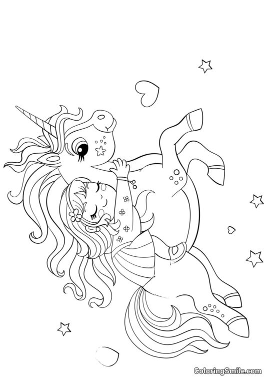 Niña y su unicornio - Página para Colorear