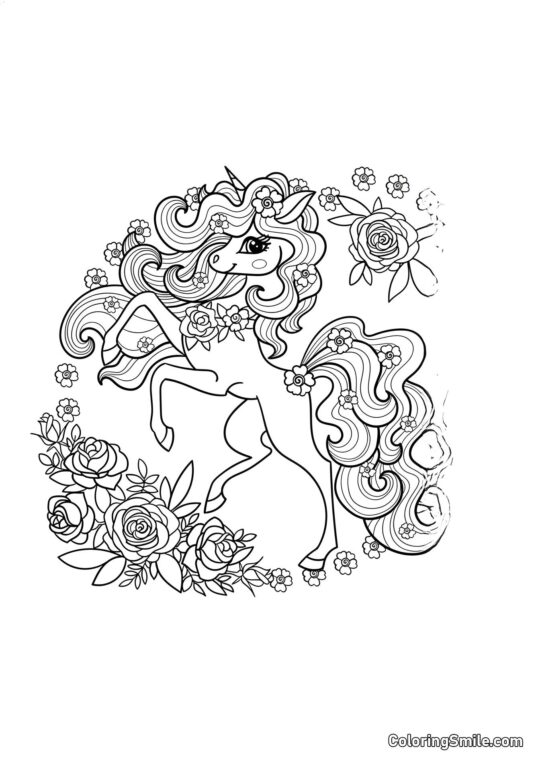 Unicornio con rosas - Página para Colorear