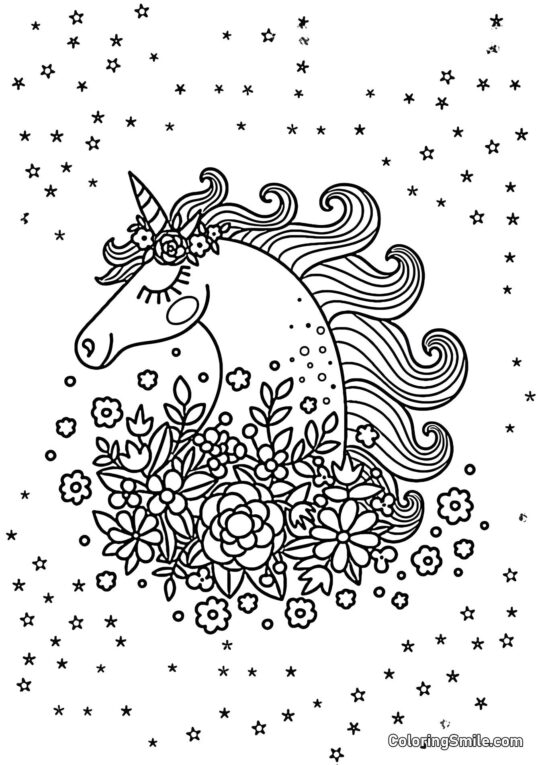 Cabeza de unicornio en colores y estrellas - Página para Colorear