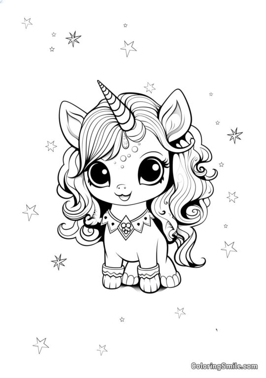Pequeño unicornio con estrellas - Página para Colorear
