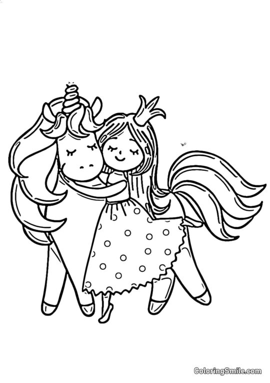 Princesa abrazando unicornio - Página para Colorear
