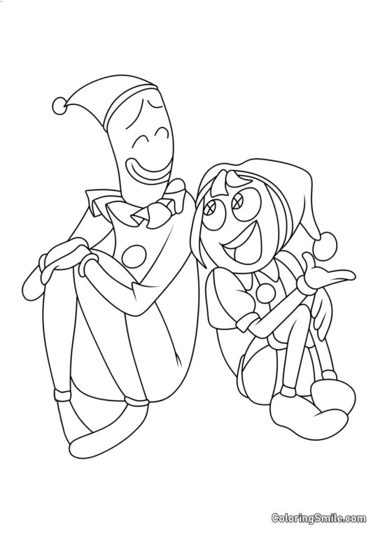 Pomni Se Sienta Junto a Kaumfo - Página para Colorear