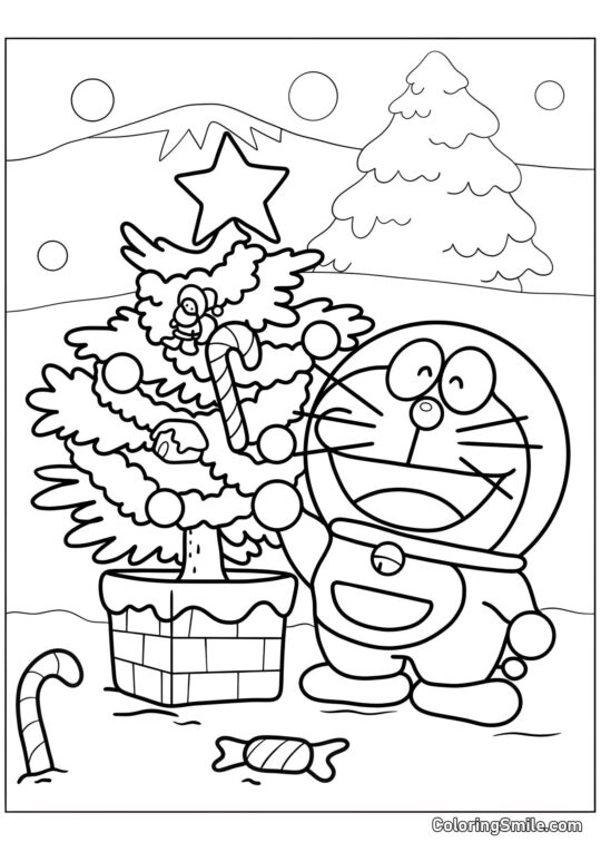 Doraemon con Árbol de Navidad - Página para Colorear