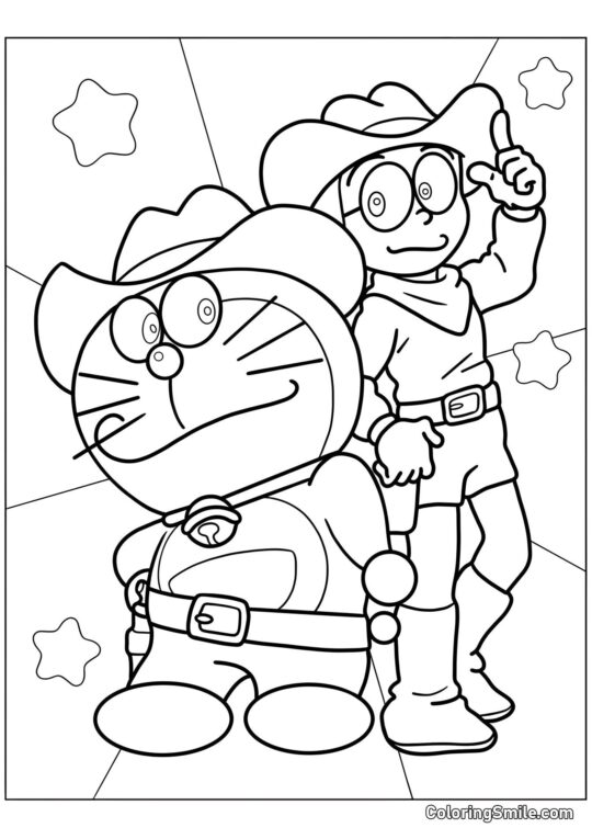 Doraemon Vaquero y Nobita - Página para Colorear