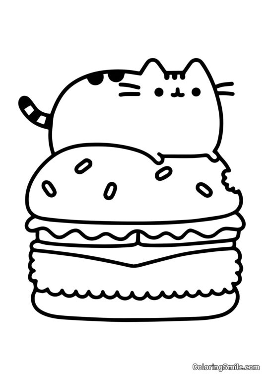 Pusheen el Gato en Hamburguesa de Queso - Página para Colorear