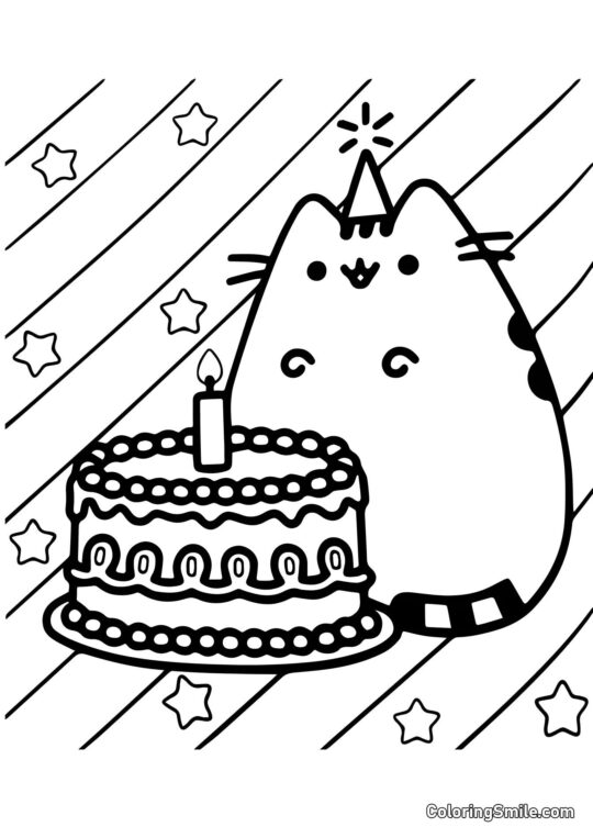 Pusheen el Gato y Cumpleaños - Página para Colorear