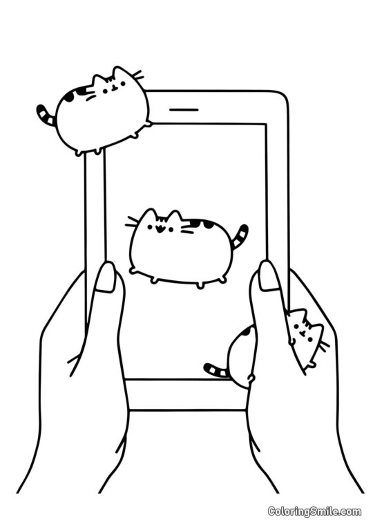 Pusheen el Gato en Ipad - Página para Colorear