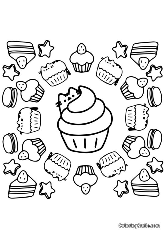 Pusheen el Gato y Dulces (Terapia Artística) - Página para Colorear
