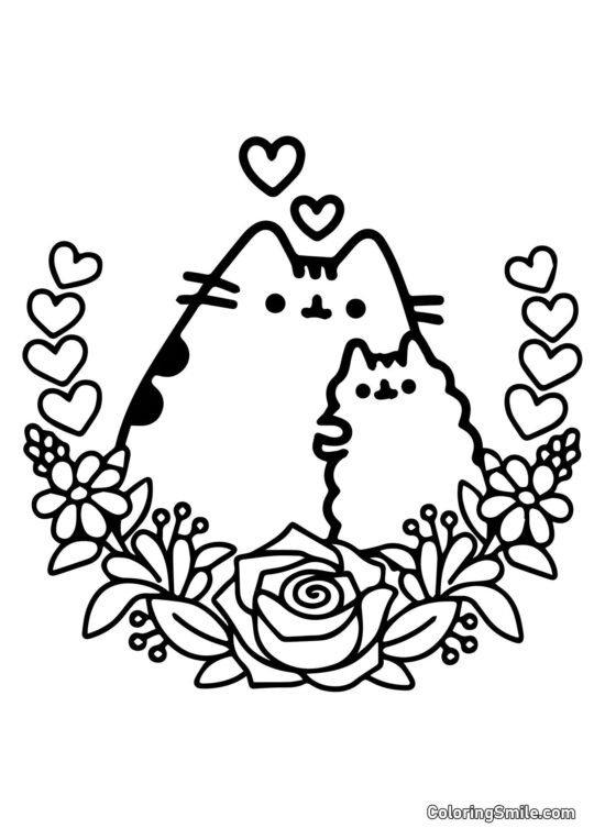 Pusheen el Gato y Corona de Rosas - Página para Colorear