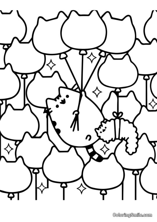 Pusheen el Gato y Globos (Terapia Artística) - Página para Colorear