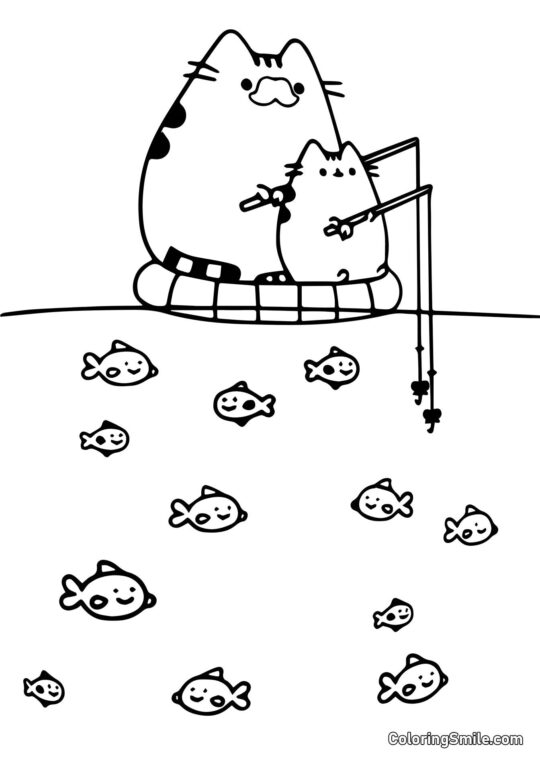 Pusheen el Gato Pescando - Página para Colorear