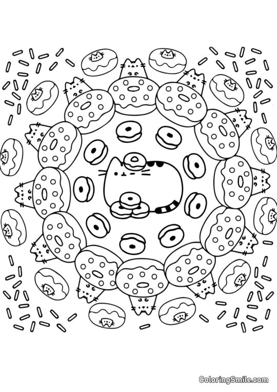 Pusheen el Gato y Donas (Terapia Artística) - Página para Colorear