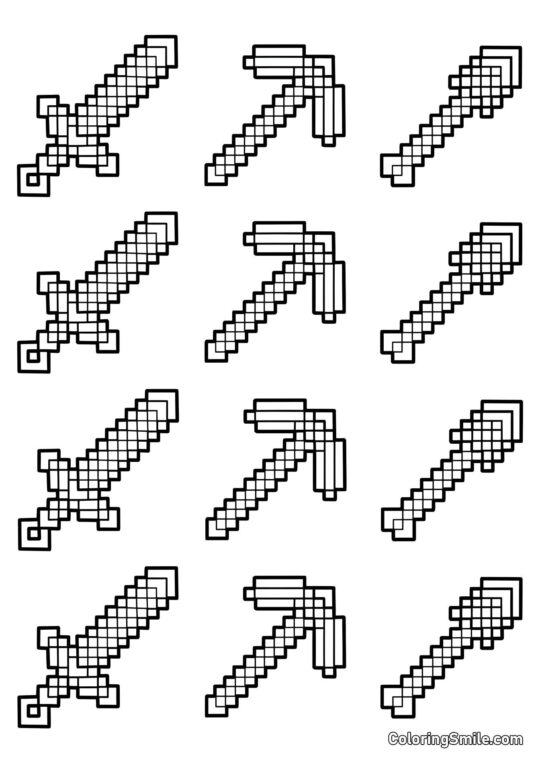 Espada, Pico y Pala de Minecraft - Página para Colorear