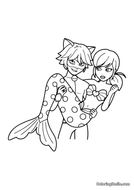 Mariquita Sirena en los Brazos de Cat Noir - Página para Colorear