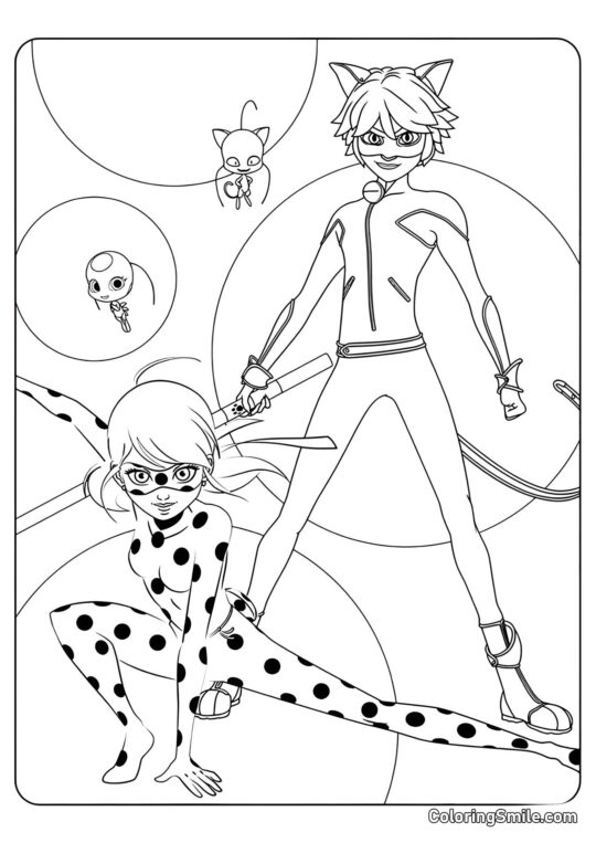 Mariquita y Cat Noir - Página para Colorear