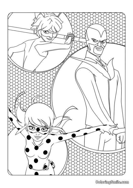 Mariquita, Hawk Moth y Cat Noir - Página para Colorear