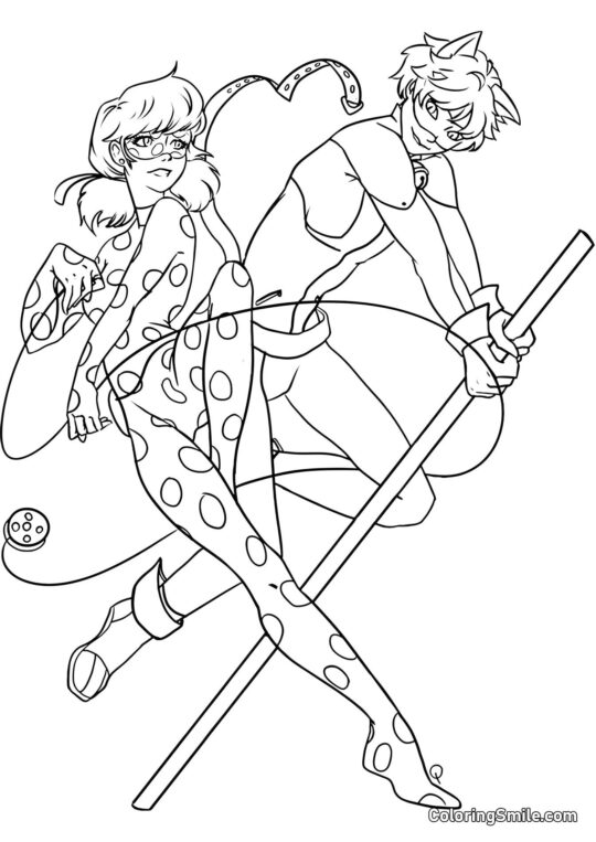 Mariquita y Cat Noir Dibujando - Página para Colorear