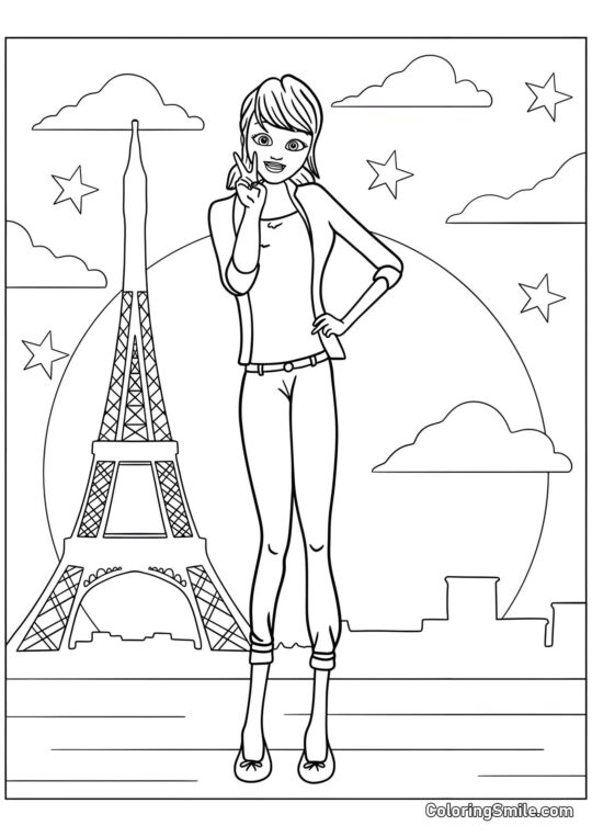 Mariquita Frente a la Torre Eiffel - Página para Colorear