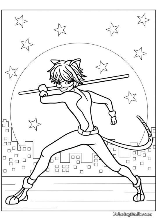 Cat Noir con Bastón - Página para Colorear