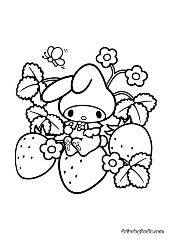 My Melody en Arbusto de Fresas - Página para Colorear