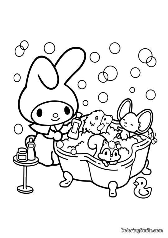My Melody Bañando Amigos - Página para Colorear