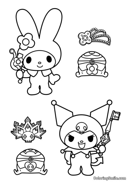 My Melody con Varita Mágica y Kuromi con Llave de Melodía - Página para Colorear