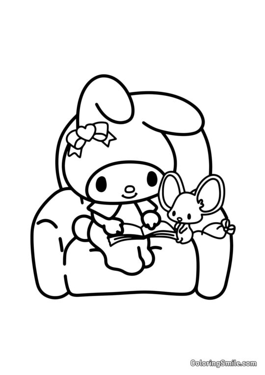 My Melody con Ratón en la Silla - Página para Colorear
