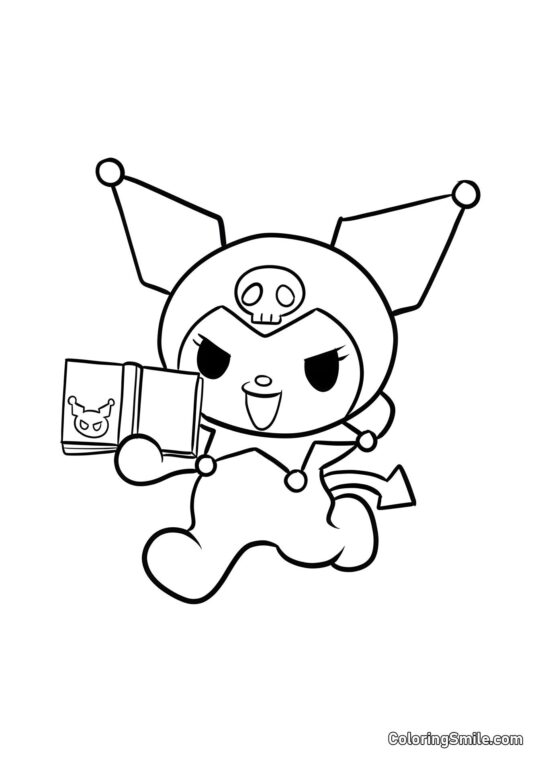 Kuromi Corriendo con Libro - Página para Colorear