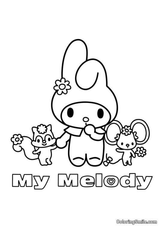My Melody con Ardilla y Ratón - Página para Colorear