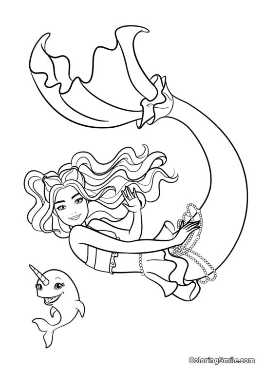 Barbie sirena saludando con narval - Página para Colorear