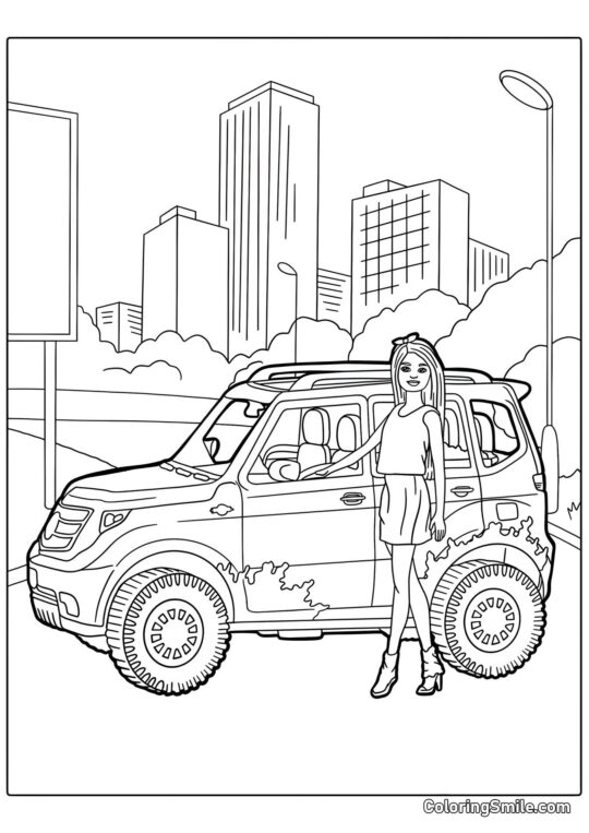 Barbie y su jeep - Página para Colorear