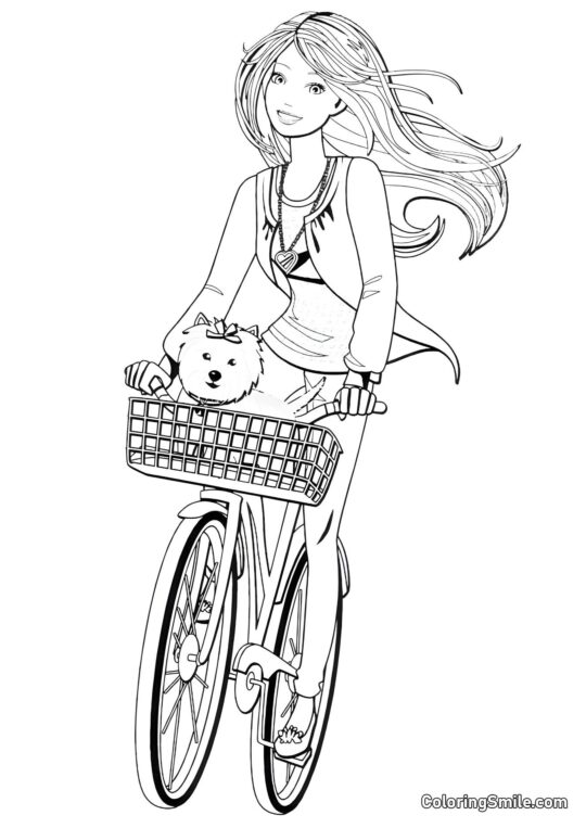 Barbie con perro en un paseo en bicicleta - Página para Colorear