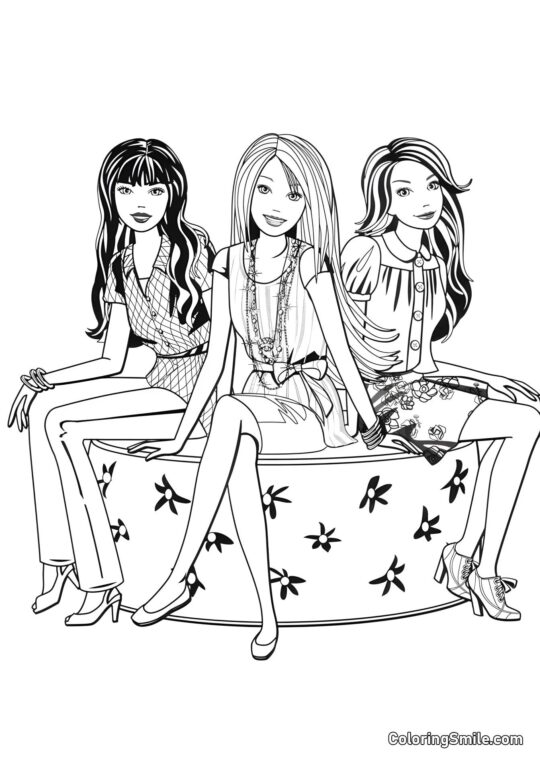 Barbie en un banco con amigas - Página para Colorear