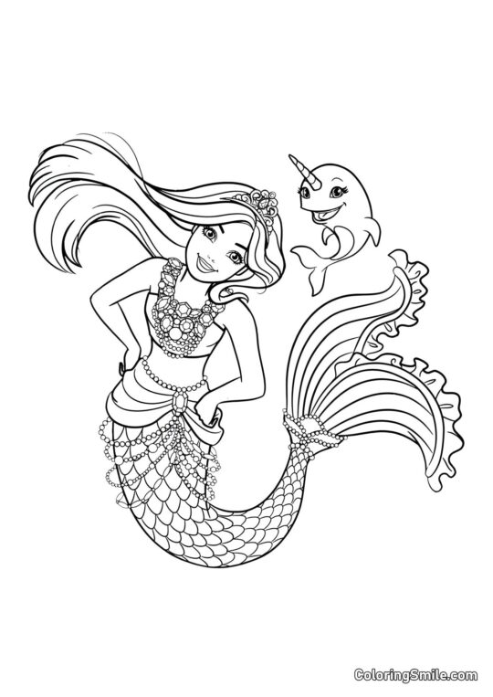 Barbie sirena y bebé narval - Página para Colorear