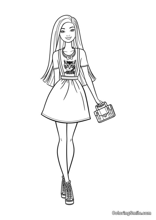 Barbie en una camiseta con un gatito - Página para Colorear