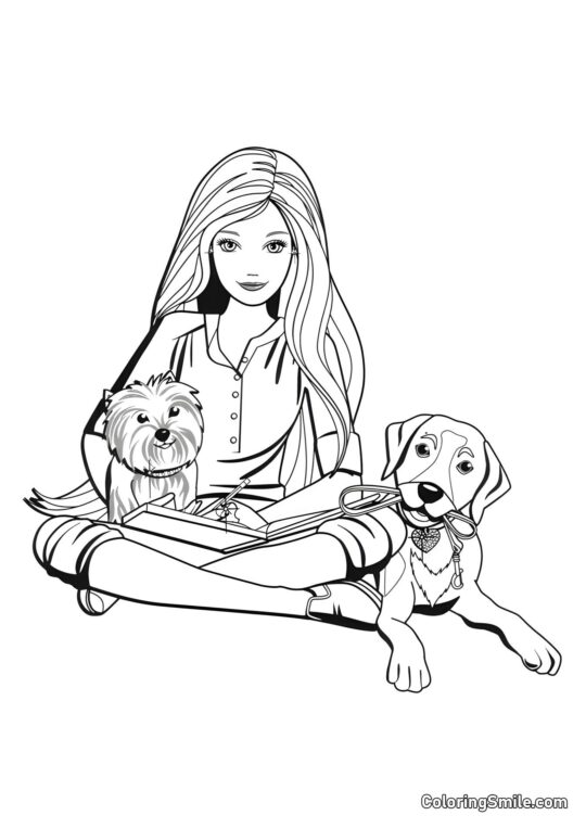 Barbie con dos perros - Página para Colorear