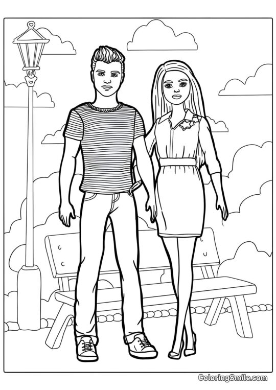 Barbie y Ken en el parque - Página para Colorear