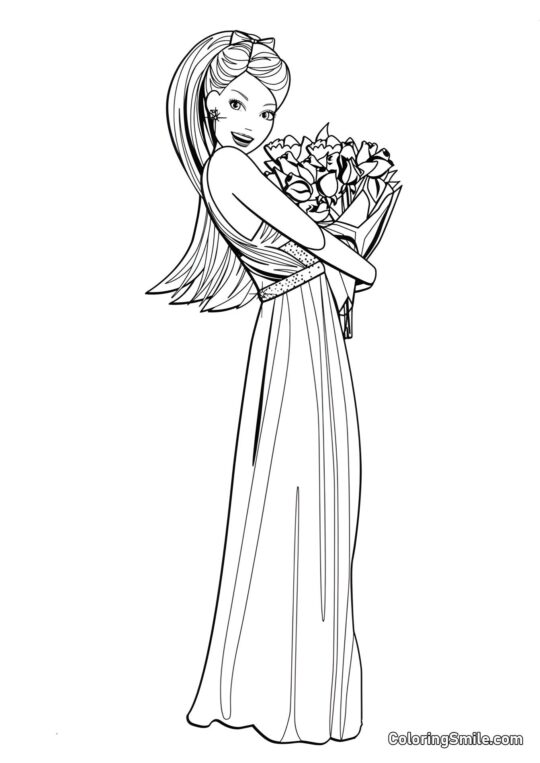 Barbie con un ramo de flores - Página para Colorear