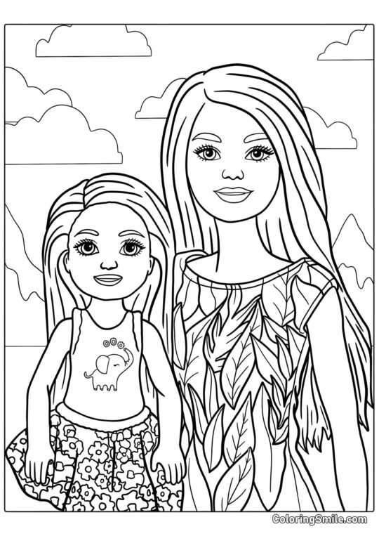 Barbie con su hermana menor - Página para Colorear