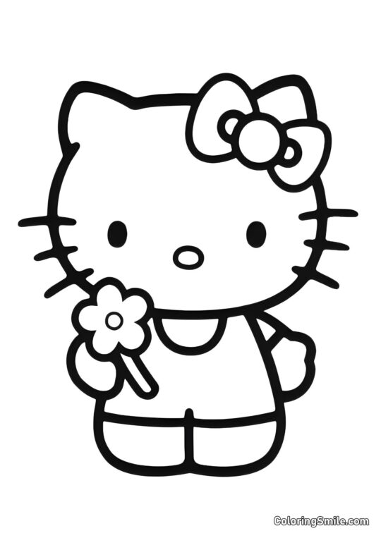 Kitty con una Flor - Página para Colorear
