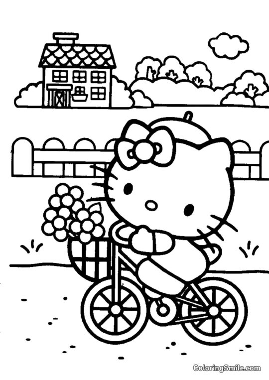 Kitty en una Bicicleta yendo a la Tienda - Página para Colorear