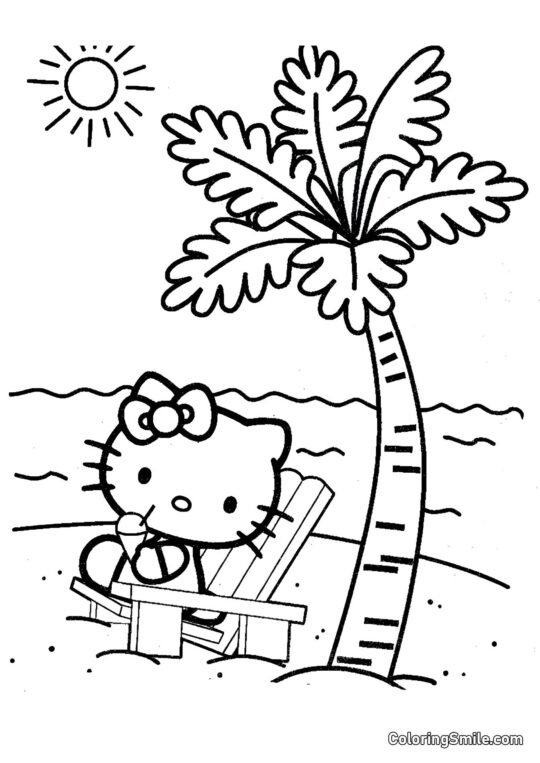 Kitty Junto a una Palma - Página para Colorear