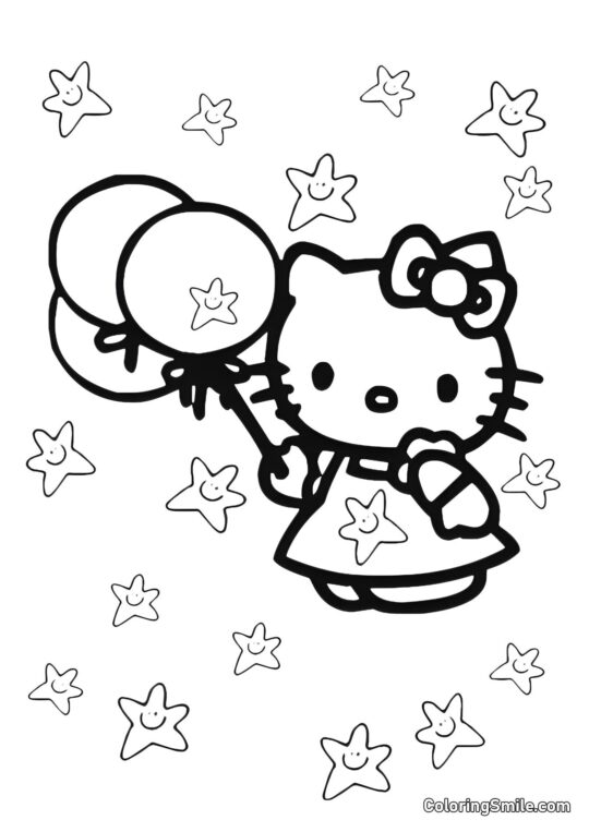 Kitty y Globos - Página para Colorear