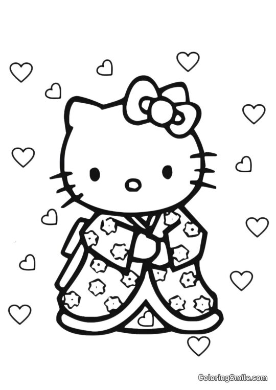 Kitty en un Kimono - Página para Colorear