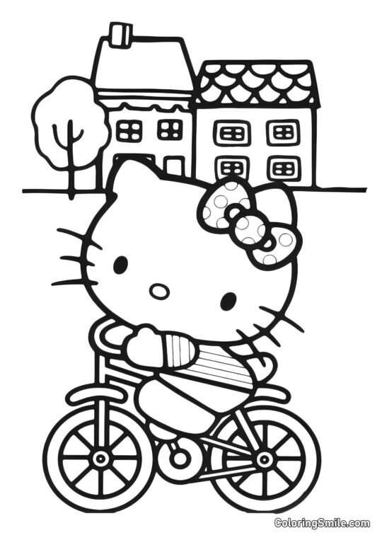 Kitty Montando una Bicicleta - Página para Colorear