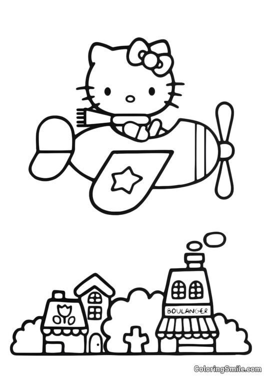 Kitty en un Helicóptero - Página para Colorear