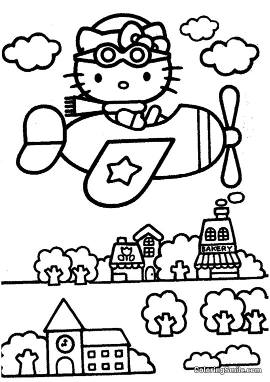 Hello Kitty Volando Sobre la Ciudad - Página para Colorear